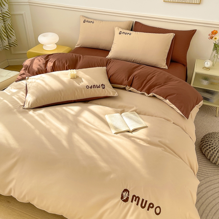 91家纺网 家纺一手货源 找家纺 曼谷 新款纯色简约刺绣四件套柔软磨毛床上用品水洗棉套件 梦-奶咖