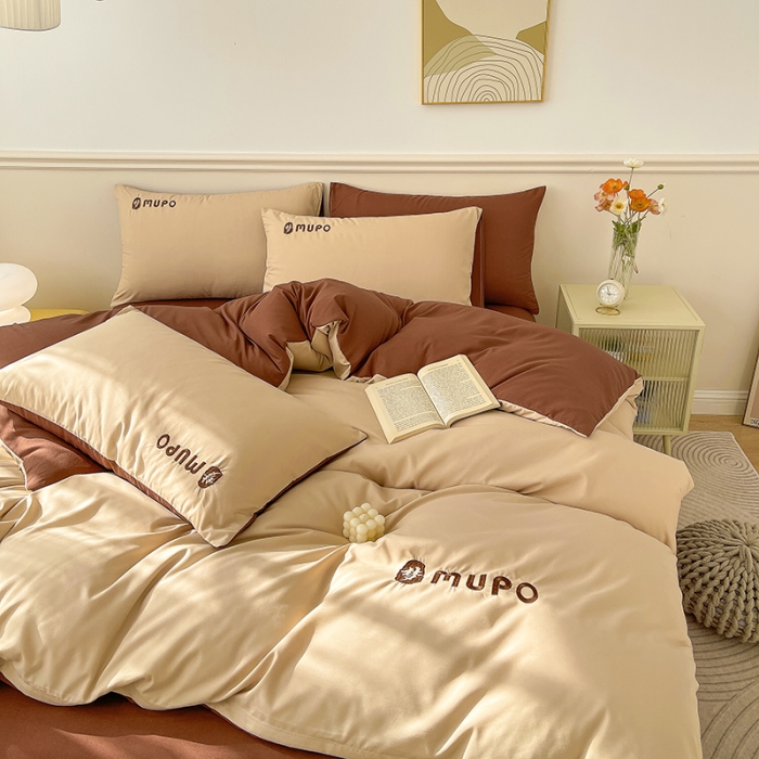 91家纺网 家纺一手货源 找家纺 曼谷 新款纯色简约刺绣四件套柔软磨毛床上用品水洗棉套件 梦-奶咖