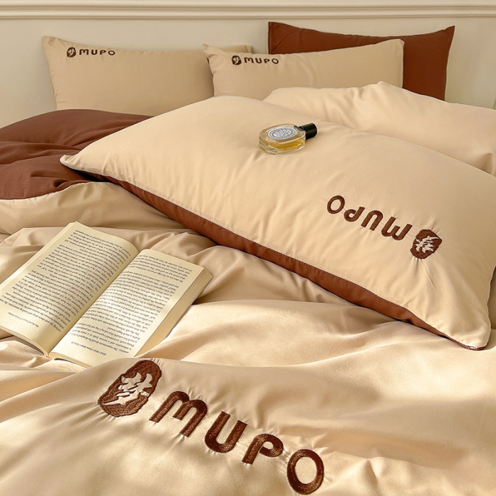 91家纺网 家纺一手货源 找家纺 曼谷 新款纯色简约刺绣四件套柔软磨毛床上用品水洗棉套件 梦-奶咖