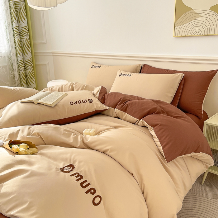 91家纺网 家纺一手货源 找家纺 曼谷 新款纯色简约刺绣四件套柔软磨毛床上用品水洗棉套件 梦-奶咖