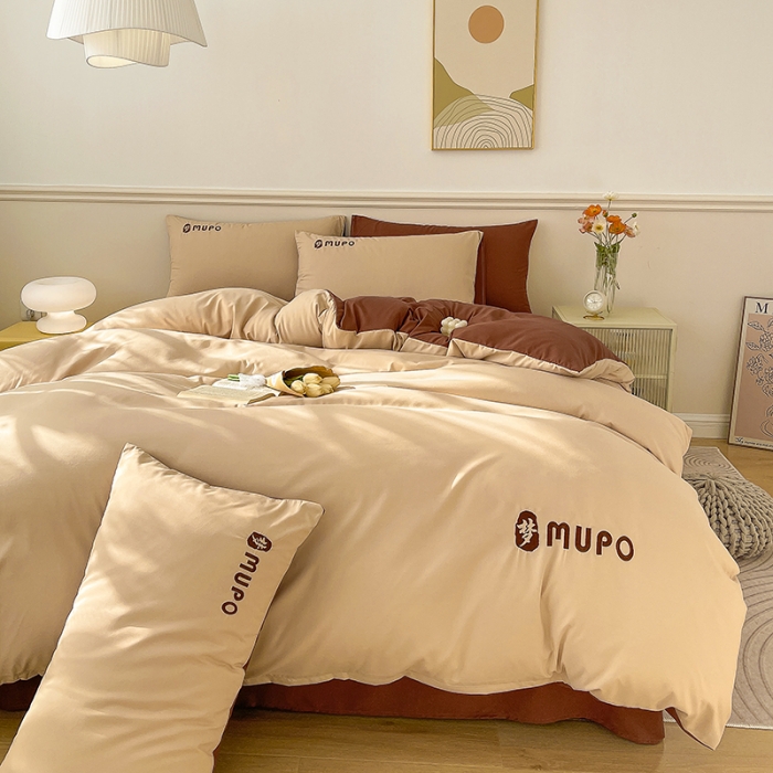 91家纺网 家纺一手货源 找家纺 曼谷 新款纯色简约刺绣四件套柔软磨毛床上用品水洗棉套件 梦-奶咖