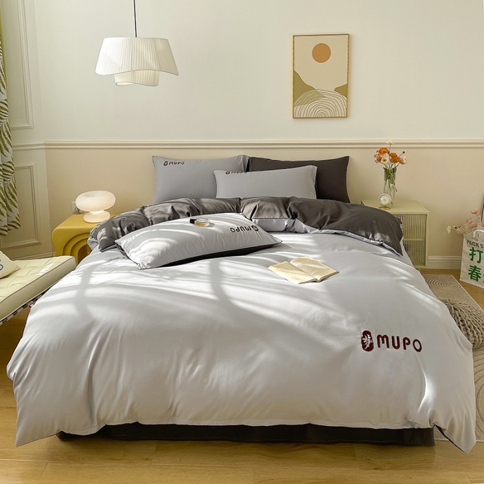 91家纺网 家纺一手货源 找家纺 曼谷 新款纯色简约刺绣四件套柔软磨毛床上用品水洗棉套件 梦-时尚灰