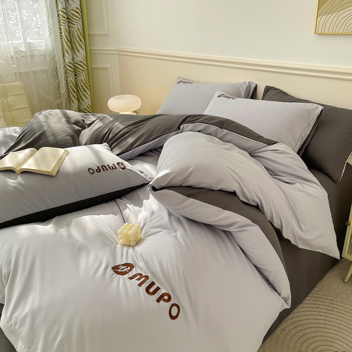 91家纺网 家纺一手货源 找家纺 曼谷 新款纯色简约刺绣四件套柔软磨毛床上用品水洗棉套件 梦-时尚灰