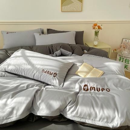 曼谷 新款纯色简约刺绣四件套柔软磨毛床上用品水洗棉套件 梦-时尚灰