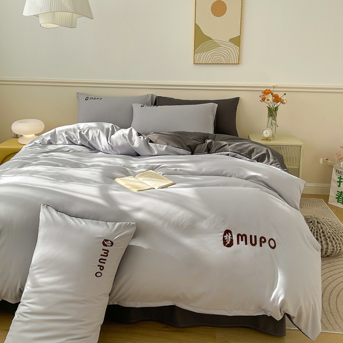 91家纺网 家纺一手货源 找家纺 曼谷 新款纯色简约刺绣四件套柔软磨毛床上用品水洗棉套件 梦-时尚灰