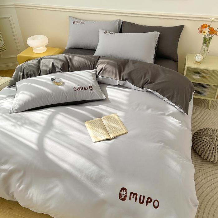 91家纺网 家纺一手货源 找家纺 曼谷 新款纯色简约刺绣四件套柔软磨毛床上用品水洗棉套件 梦-时尚灰