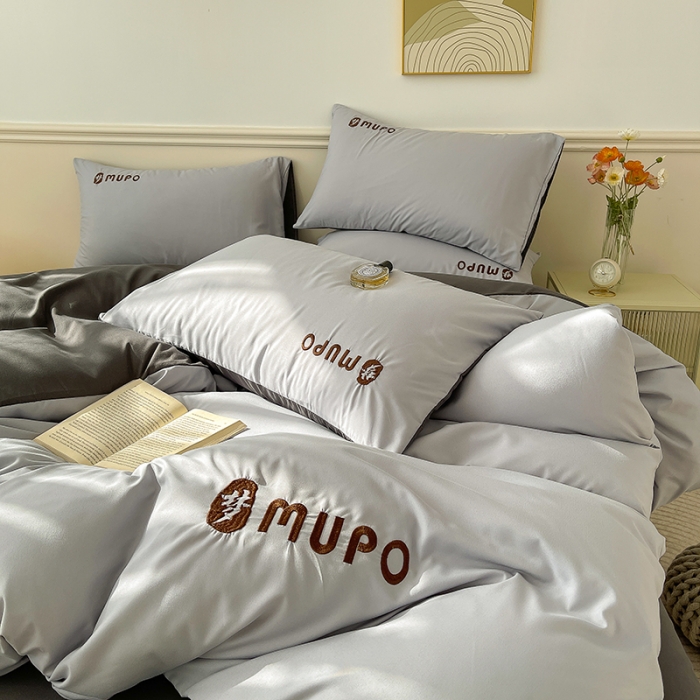 91家纺网 家纺一手货源 找家纺 曼谷 新款纯色简约刺绣四件套柔软磨毛床上用品水洗棉套件 梦-时尚灰