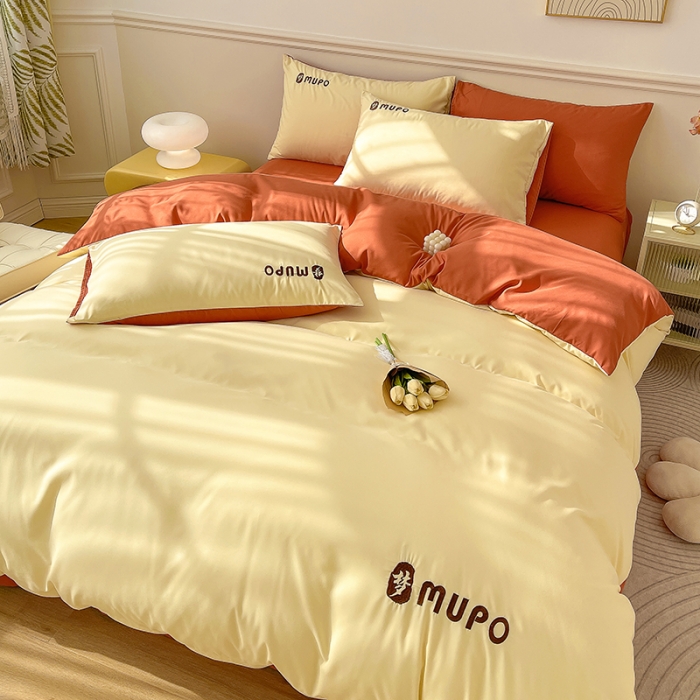 91家纺网 家纺一手货源 找家纺 曼谷 新款纯色简约刺绣四件套柔软磨毛床上用品水洗棉套件 梦-芝士橘