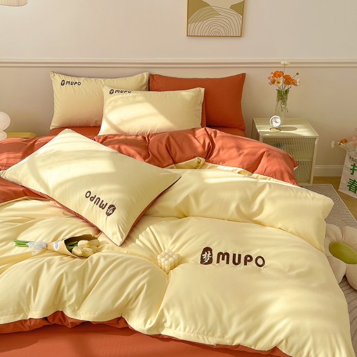 91家纺网 家纺一手货源 找家纺 曼谷 新款纯色简约刺绣四件套柔软磨毛床上用品水洗棉套件 梦-芝士橘