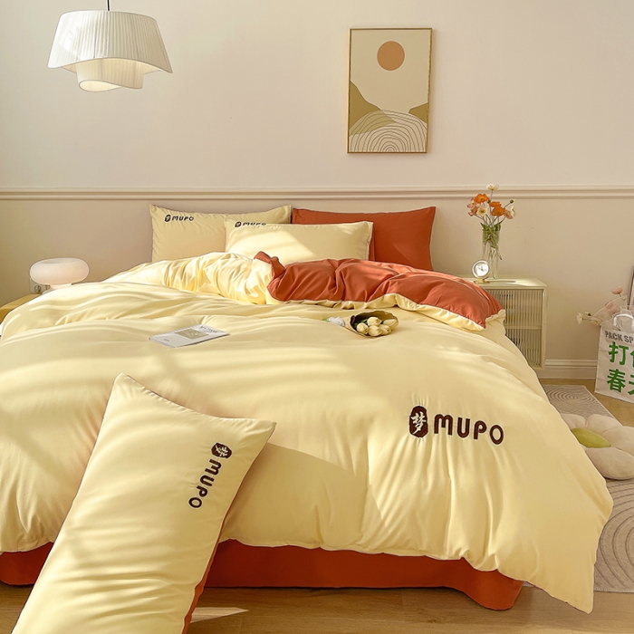 91家纺网 家纺一手货源 找家纺 曼谷 新款纯色简约刺绣四件套柔软磨毛床上用品水洗棉套件 梦-芝士橘