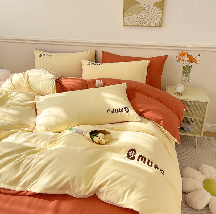 91家纺网 家纺一手货源 找家纺 曼谷 新款纯色简约刺绣四件套柔软磨毛床上用品水洗棉套件 梦-芝士橘