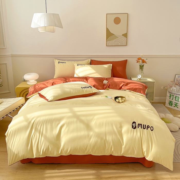 91家纺网 家纺一手货源 找家纺 曼谷 新款纯色简约刺绣四件套柔软磨毛床上用品水洗棉套件 梦-芝士橘