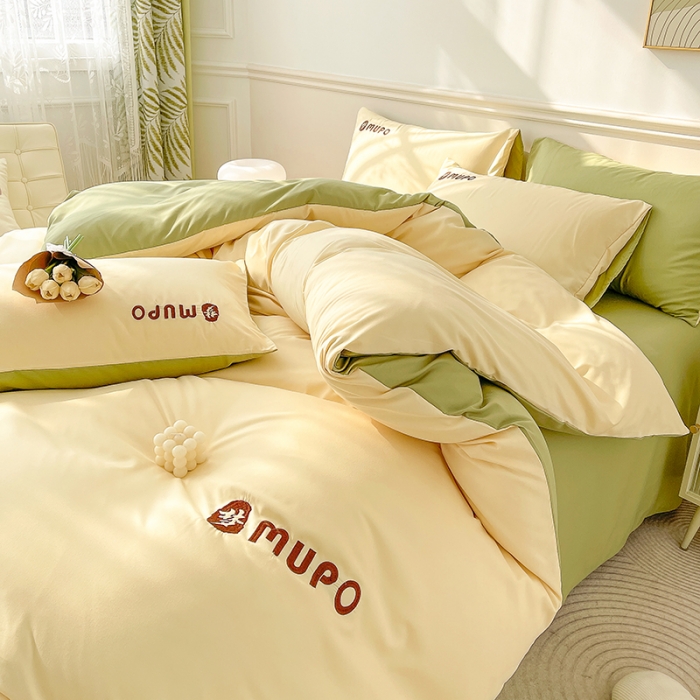 91家纺网 家纺一手货源 找家纺 曼谷 新款纯色简约刺绣四件套柔软磨毛床上用品水洗棉套件 梦-芝士绿
