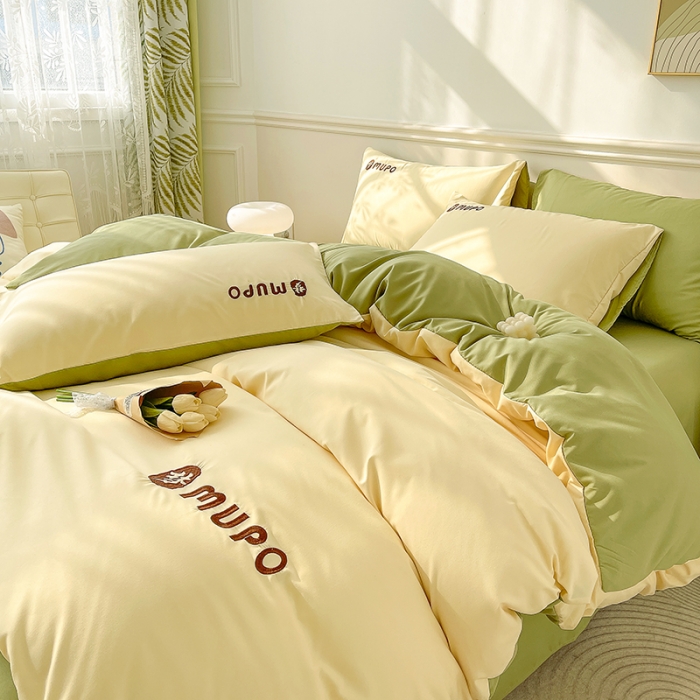 91家纺网 家纺一手货源 找家纺 曼谷 新款纯色简约刺绣四件套柔软磨毛床上用品水洗棉套件 梦-芝士绿