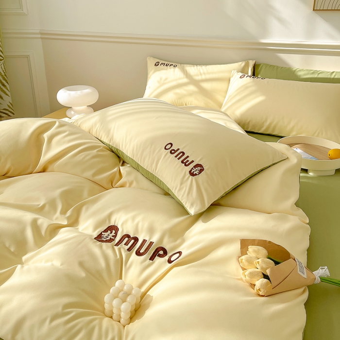 91家纺网 家纺一手货源 找家纺 曼谷 新款纯色简约刺绣四件套柔软磨毛床上用品水洗棉套件 梦-芝士绿