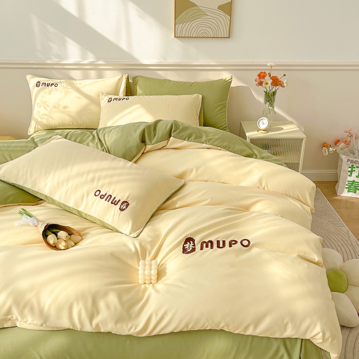 91家纺网 家纺一手货源 找家纺 曼谷 新款纯色简约刺绣四件套柔软磨毛床上用品水洗棉套件 梦-芝士绿