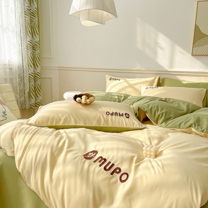 91家纺网 家纺一手货源 找家纺 曼谷 新款纯色简约刺绣四件套柔软磨毛床上用品水洗棉套件 梦-芝士绿