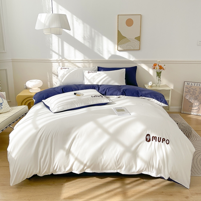 91家纺网 家纺一手货源 找家纺 曼谷 新款纯色简约刺绣四件套柔软磨毛床上用品水洗棉套件 梦-白藏青