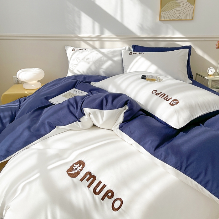 91家纺网 家纺一手货源 找家纺 曼谷 新款纯色简约刺绣四件套柔软磨毛床上用品水洗棉套件 梦-白藏青