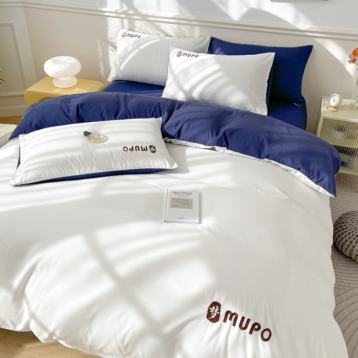 91家纺网 家纺一手货源 找家纺 曼谷 新款纯色简约刺绣四件套柔软磨毛床上用品水洗棉套件 梦-白藏青