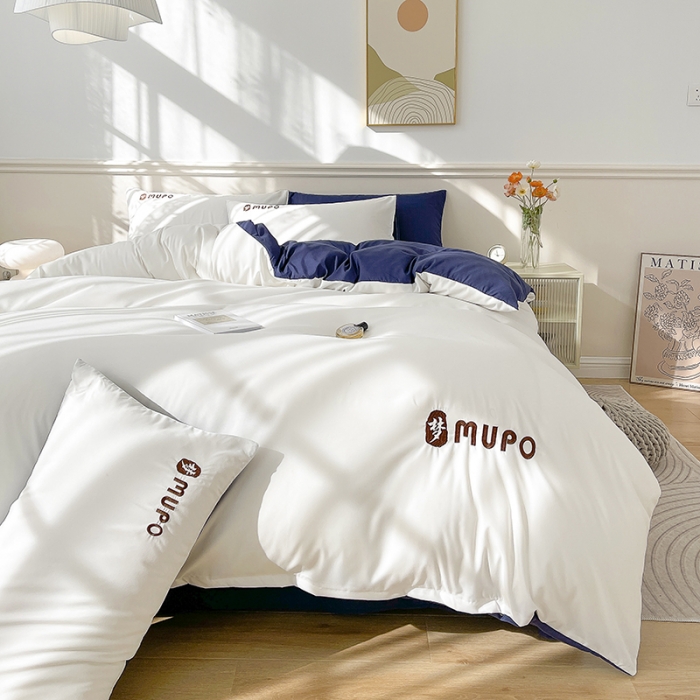 91家纺网 家纺一手货源 找家纺 曼谷 新款纯色简约刺绣四件套柔软磨毛床上用品水洗棉套件 梦-白藏青