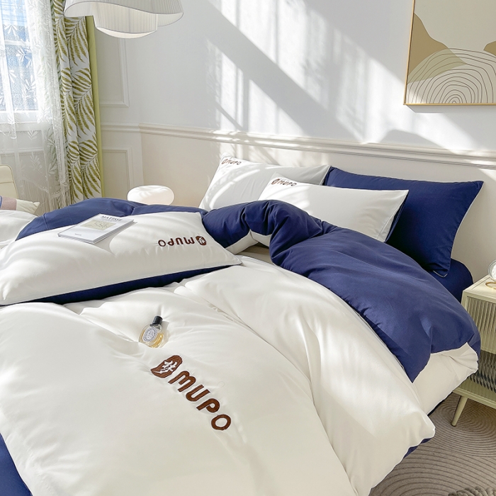 91家纺网 家纺一手货源 找家纺 曼谷 新款纯色简约刺绣四件套柔软磨毛床上用品水洗棉套件 梦-白藏青