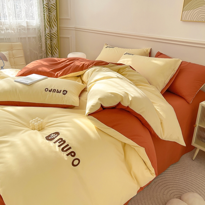 91家纺网 家纺一手货源 找家纺 曼谷 新款纯色简约刺绣四件套柔软磨毛床上用品水洗棉套件 梦-芝士橘