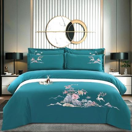 91家纺网 家纺一手货源 找家纺 浩情国际2026新120支长绒棉高端刺绣四件套 一路相伴-湖水绿