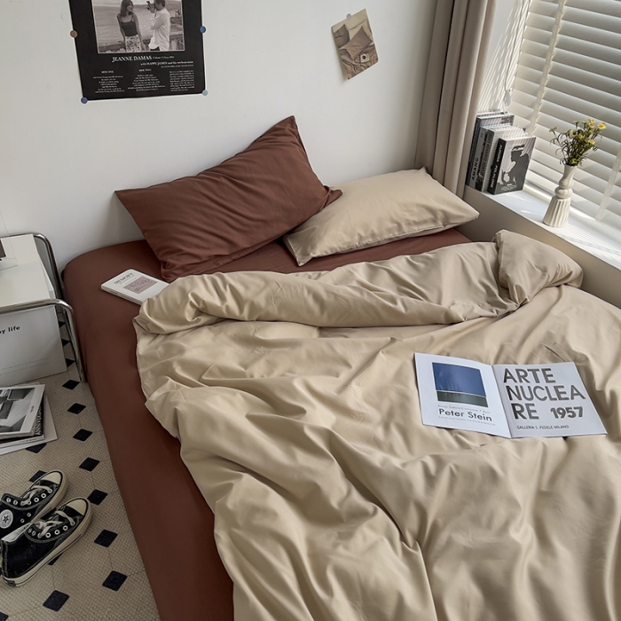 91家纺网 家纺一手货源 找家纺 曼谷 新款亲肤棉纯色双拼北欧风碎花简约四件套 混搭-焦糖拿铁