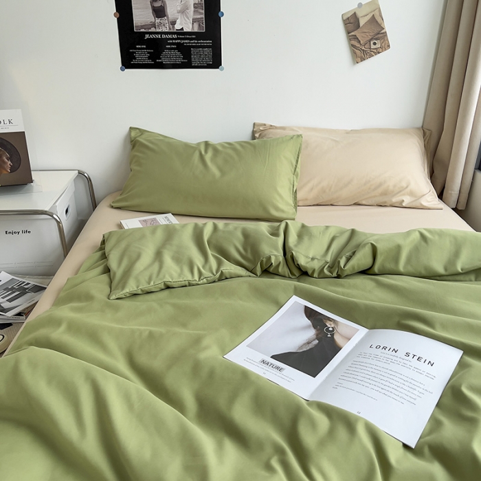 91家纺网 家纺一手货源 找家纺 曼谷 新款亲肤棉纯色双拼北欧风碎花简约四件套 混搭-蜜瓜绿