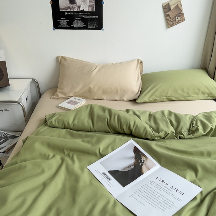 91家纺网 家纺一手货源 找家纺 曼谷 新款亲肤棉纯色双拼北欧风碎花简约四件套 混搭-蜜瓜绿