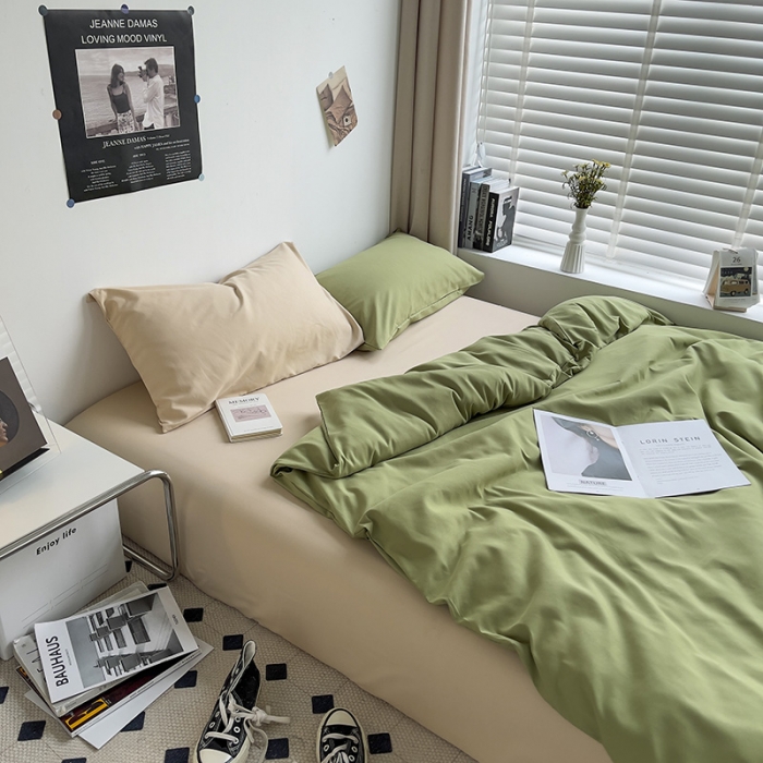 91家纺网 家纺一手货源 找家纺 曼谷 新款亲肤棉纯色双拼北欧风碎花简约四件套 混搭-蜜瓜绿