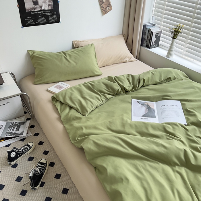 91家纺网 家纺一手货源 找家纺 曼谷 新款亲肤棉纯色双拼北欧风碎花简约四件套 混搭-蜜瓜绿