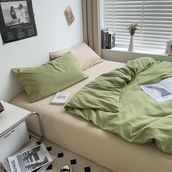 91家纺网 家纺一手货源 找家纺 曼谷 新款亲肤棉纯色双拼北欧风碎花简约四件套 混搭-蜜瓜绿