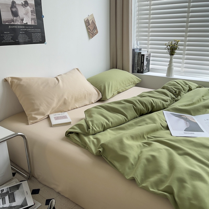 91家纺网 家纺一手货源 找家纺 曼谷 新款亲肤棉纯色双拼北欧风碎花简约四件套 混搭-蜜瓜绿