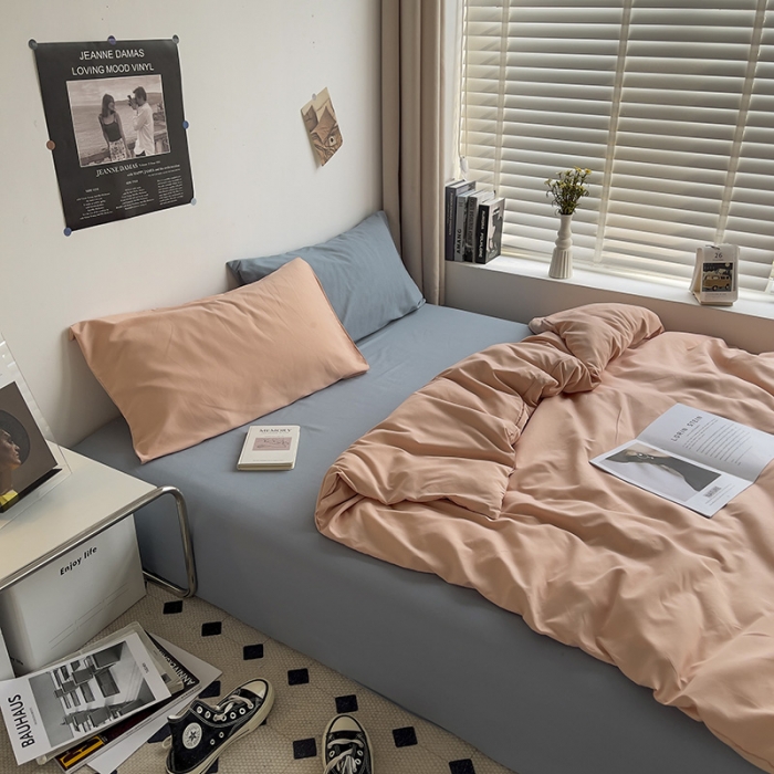 91家纺网 家纺一手货源 找家纺 曼谷 新款亲肤棉纯色双拼北欧风碎花简约四件套 混搭-蜜桃海盐