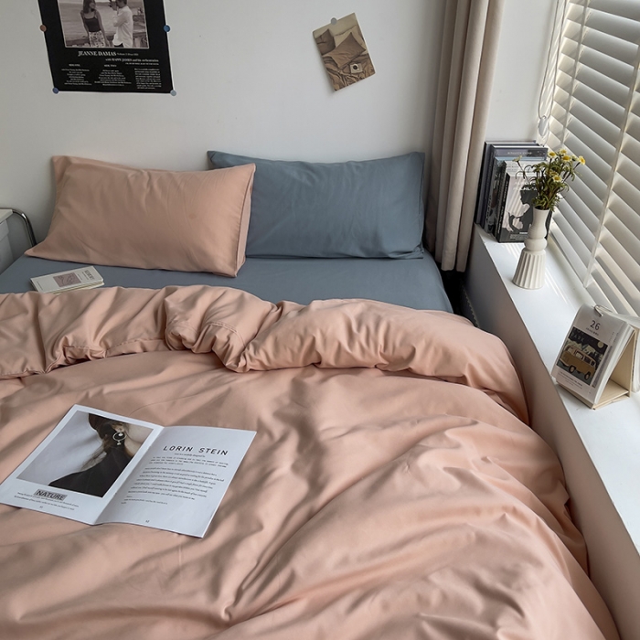 91家纺网 家纺一手货源 找家纺 曼谷 新款亲肤棉纯色双拼北欧风碎花简约四件套 混搭-蜜桃海盐