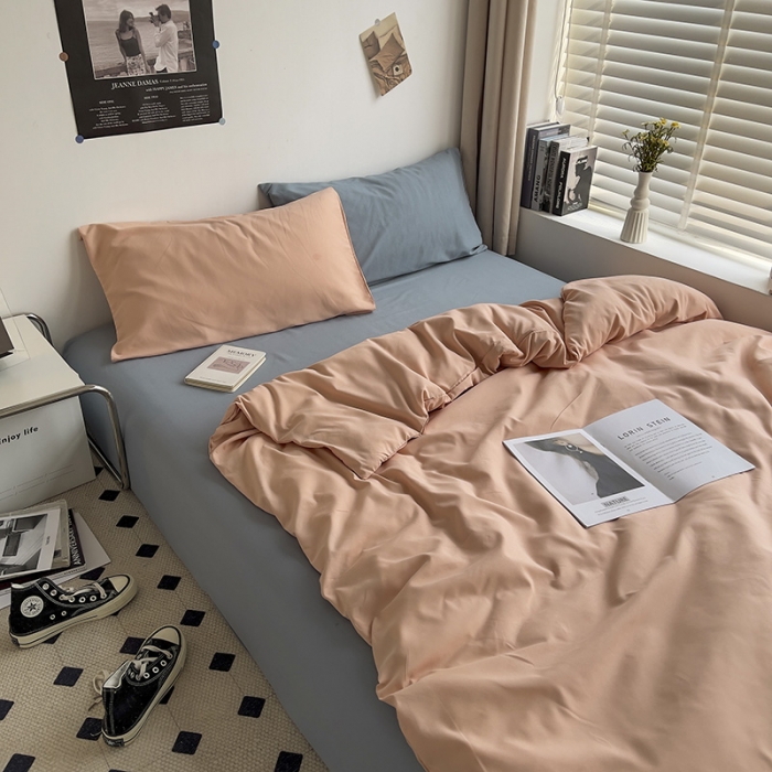 91家纺网 家纺一手货源 找家纺 曼谷 新款亲肤棉纯色双拼北欧风碎花简约四件套 混搭-蜜桃海盐