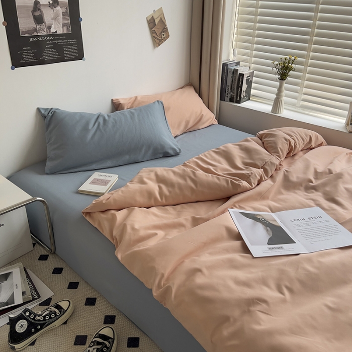 91家纺网 家纺一手货源 找家纺 曼谷 新款亲肤棉纯色双拼北欧风碎花简约四件套 混搭-蜜桃海盐