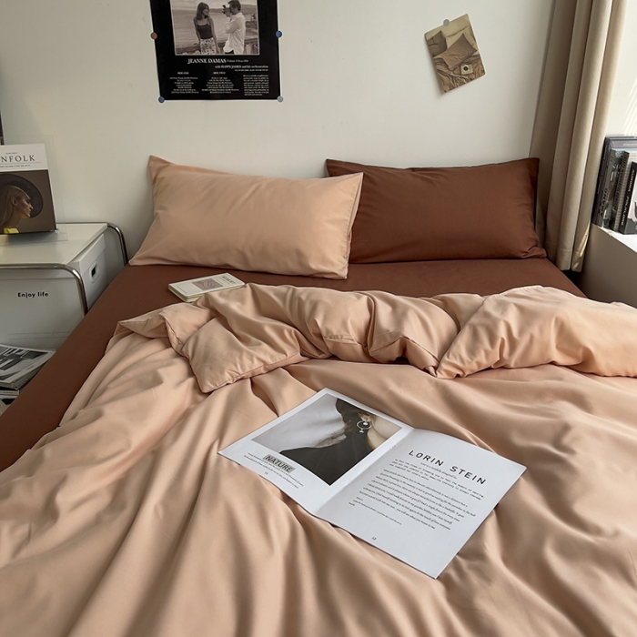 91家纺网 家纺一手货源 找家纺 曼谷 新款亲肤棉纯色双拼北欧风碎花简约四件套 混搭-蜜桃拿铁