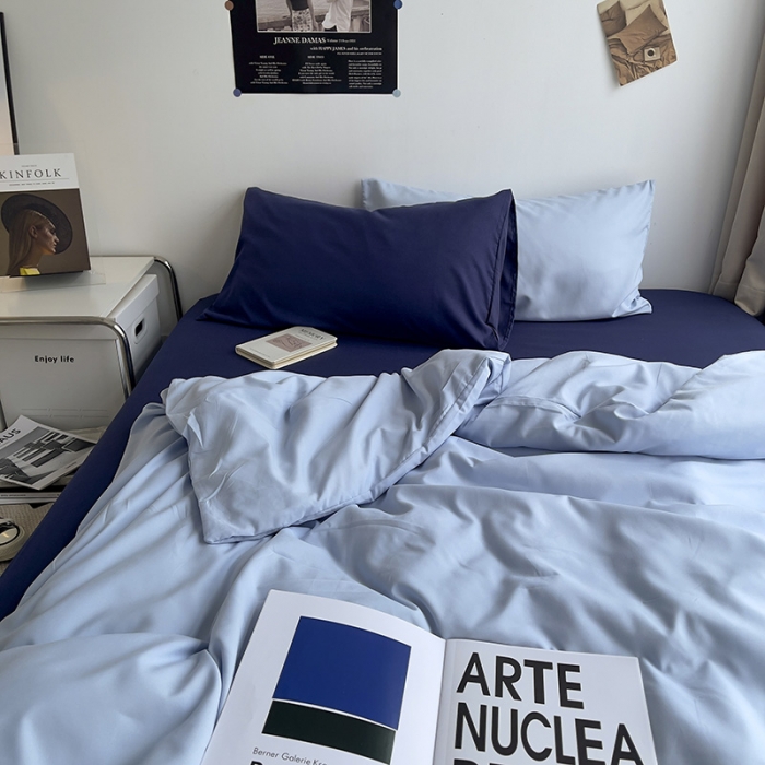 91家纺网 家纺一手货源 找家纺 曼谷 新款亲肤棉纯色双拼北欧风碎花简约四件套 混搭-浅蓝可可蓝