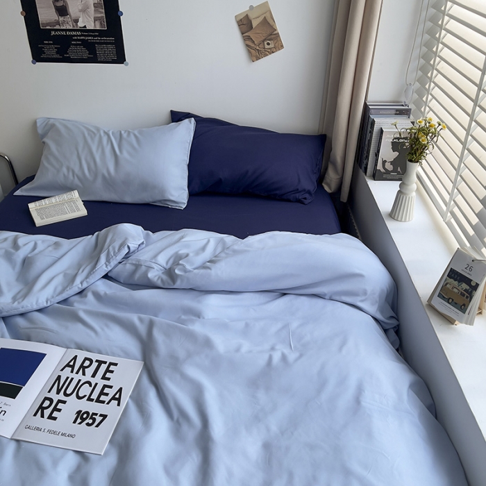 91家纺网 家纺一手货源 找家纺 曼谷 新款亲肤棉纯色双拼北欧风碎花简约四件套 混搭-浅蓝可可蓝