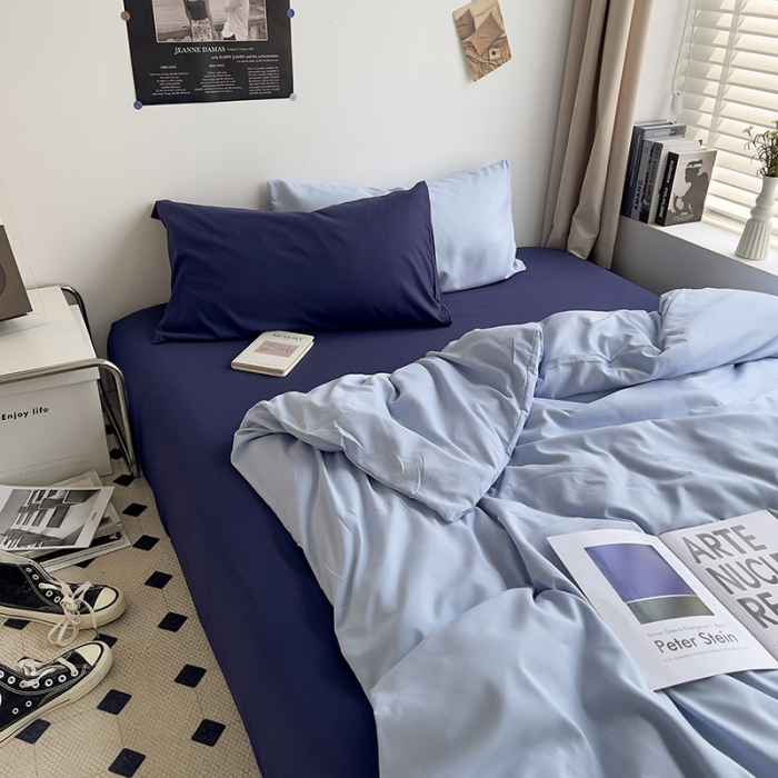 91家纺网 家纺一手货源 找家纺 曼谷 新款亲肤棉纯色双拼北欧风碎花简约四件套 混搭-浅蓝可可蓝