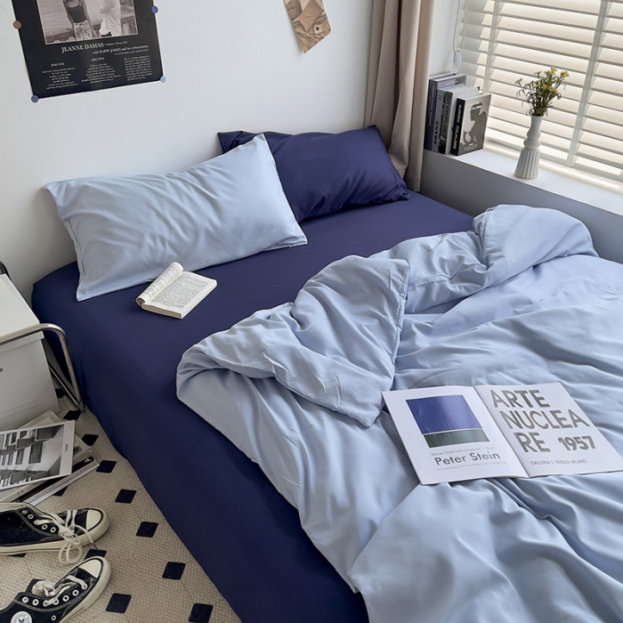 91家纺网 家纺一手货源 找家纺 曼谷 新款亲肤棉纯色双拼北欧风碎花简约四件套 混搭-浅蓝可可蓝