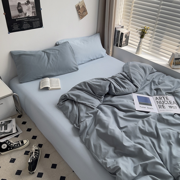 91家纺网 家纺一手货源 找家纺 曼谷 新款亲肤棉纯色双拼北欧风碎花简约四件套 混搭-雾霾蓝