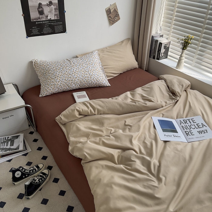 91家纺网 家纺一手货源 找家纺 曼谷 新款亲肤棉纯色双拼北欧风碎花简约四件套 焦糖拿铁（小杏花）