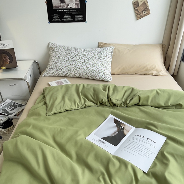 91家纺网 家纺一手货源 找家纺 曼谷 新款亲肤棉纯色双拼北欧风碎花简约四件套 蜜瓜绿（小绿花)