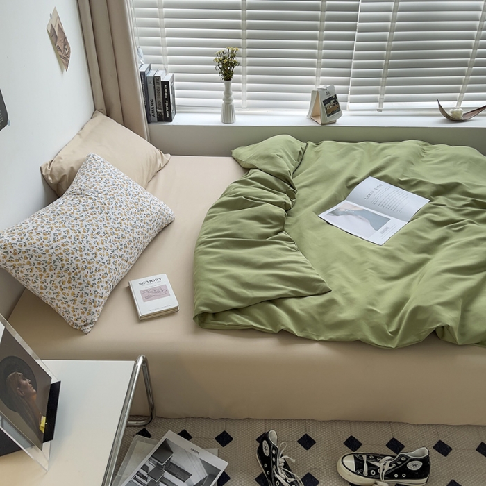 91家纺网 家纺一手货源 找家纺 曼谷 新款亲肤棉纯色双拼北欧风碎花简约四件套 蜜瓜绿（小杏花）