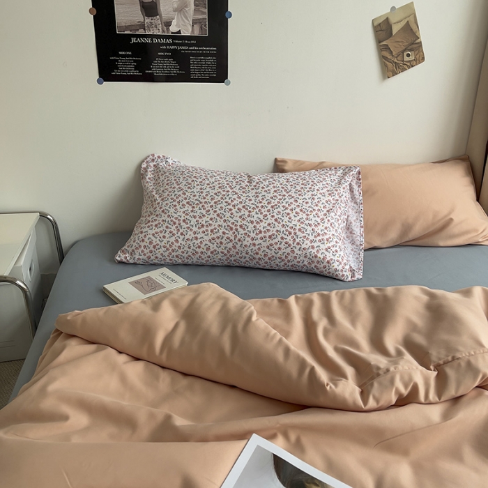 91家纺网 家纺一手货源 找家纺 曼谷 新款亲肤棉纯色双拼北欧风碎花简约四件套 蜜桃海盐（小桃花）