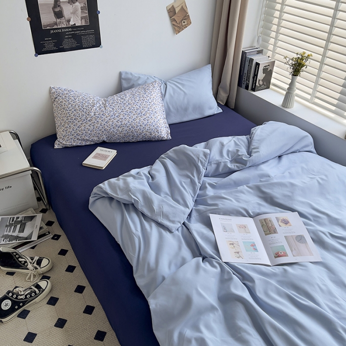 91家纺网 家纺一手货源 找家纺 曼谷 新款亲肤棉纯色双拼北欧风碎花简约四件套 浅蓝可可蓝（小兰花）